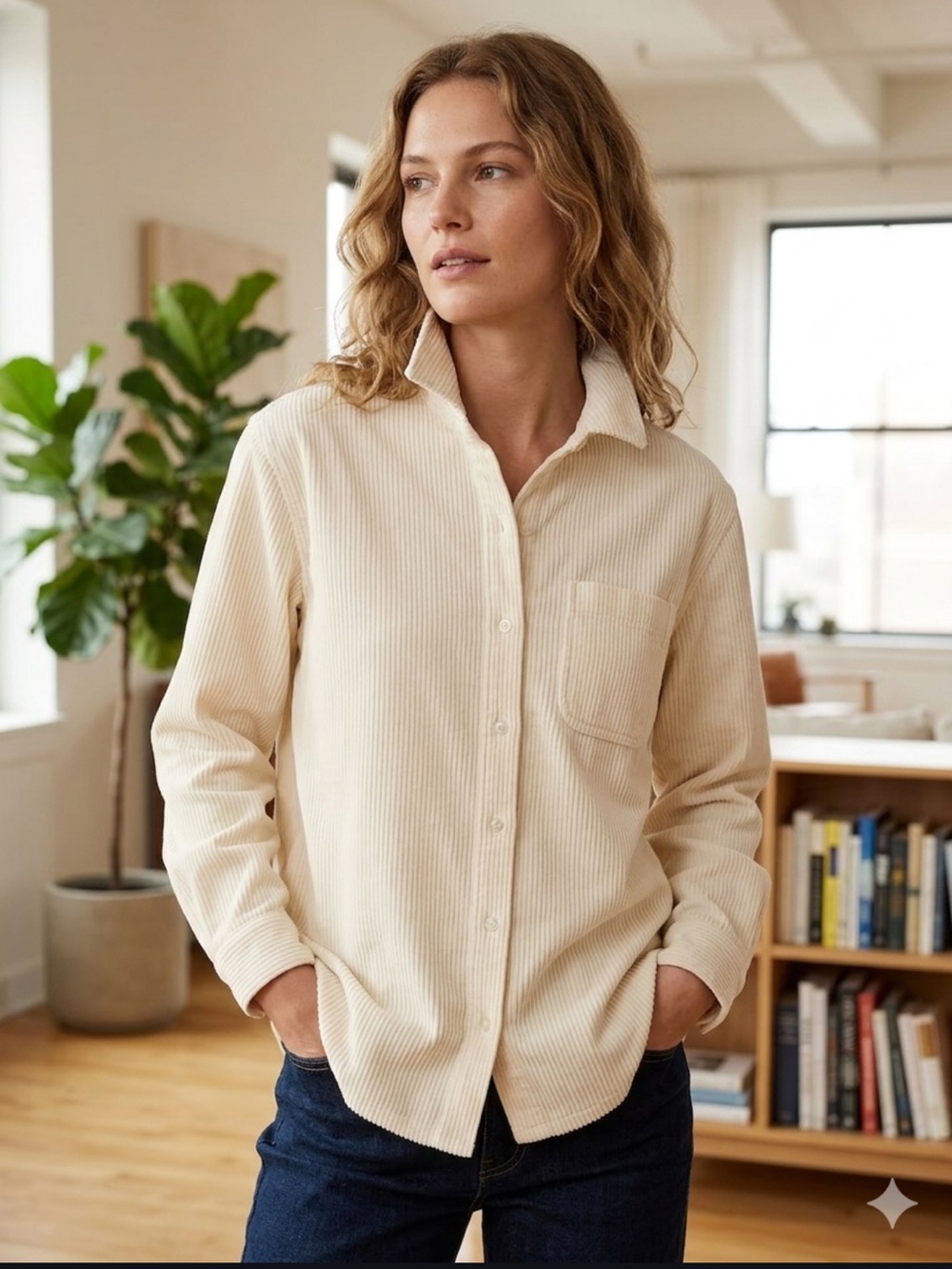 L.L Bean Cream Corduroy Button Down Shirt Size LP